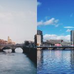 Na esquerda o rio Liffey em Dublin, Irlanda e na direita o Ponte no rio Lagan, Belfast, Irlanda do Norte