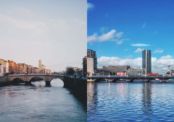 Na esquerda o rio Liffey em Dublin, Irlanda e na direita o Ponte no rio Lagan, Belfast, Irlanda do Norte
